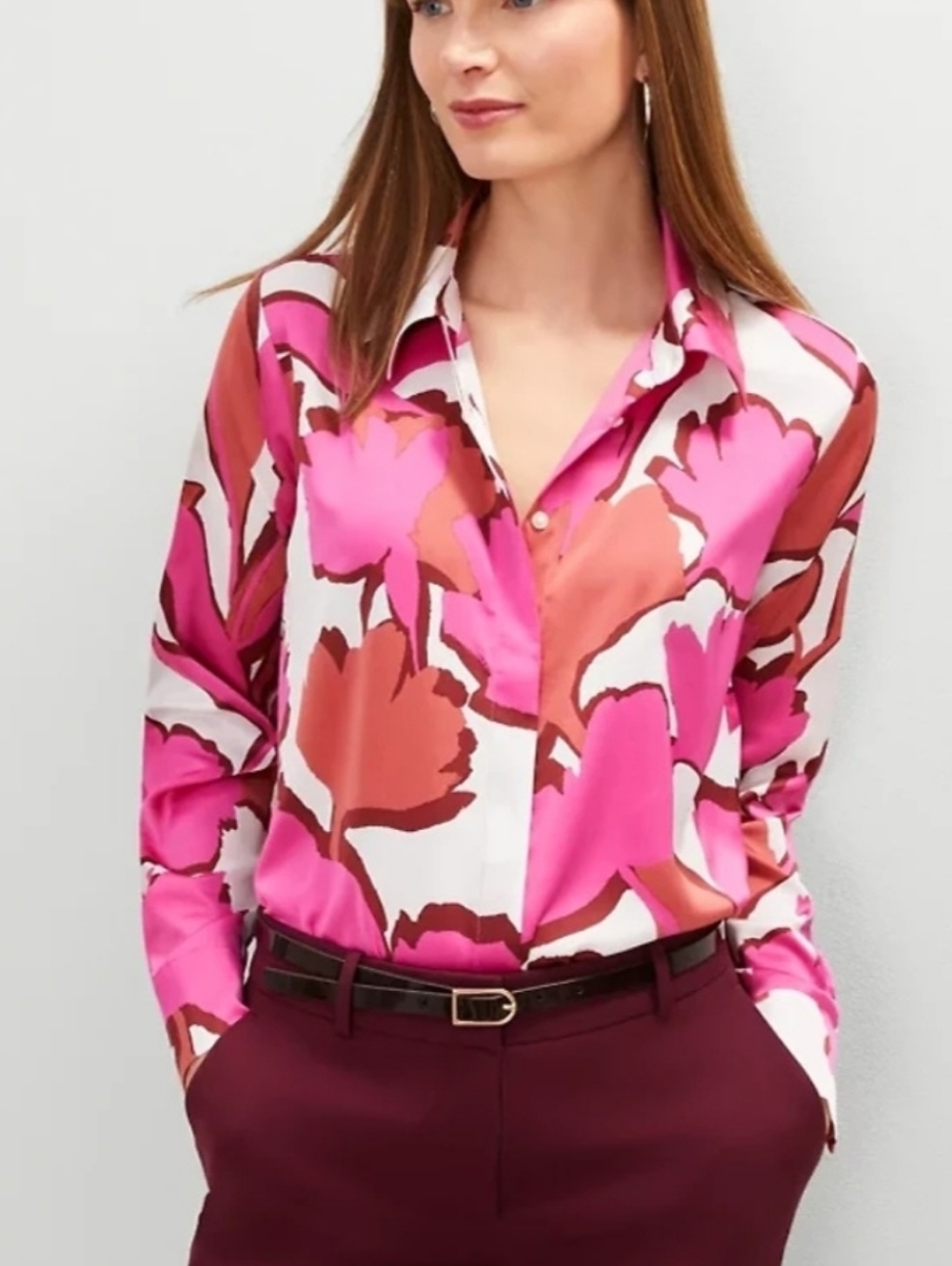 Ann Taylor Women's Pink Floral Button-Up Blouse